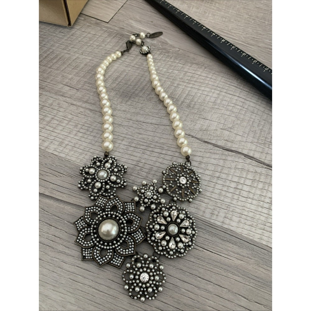 VTG Plunder Style Faux Pearl Floral Statement Necklace Antique Bronze Tone Boho